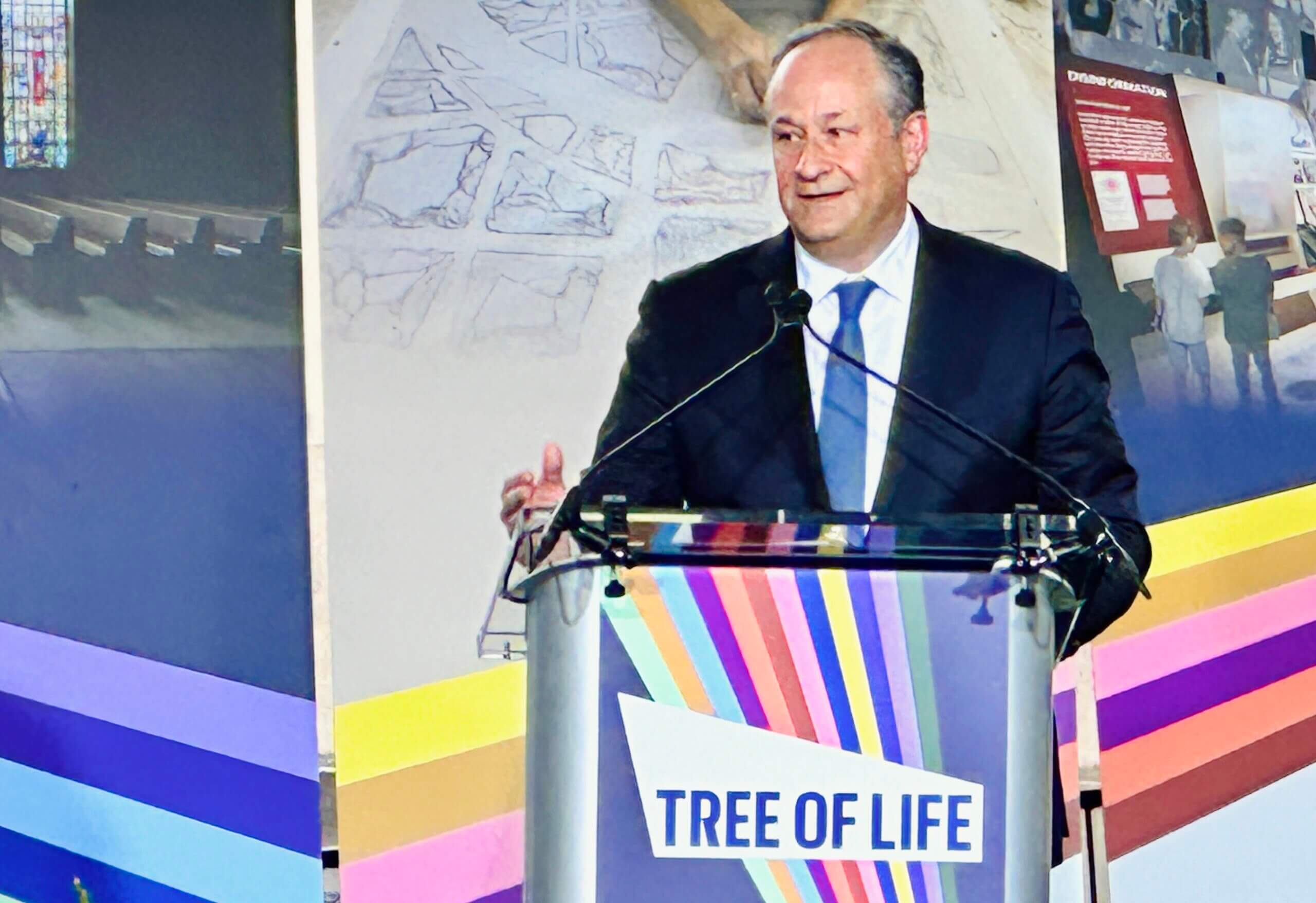 Doug Emhoff, the second gentleman of the United States, speaks at a groundbreaking ceremony for a new building on the site of the Tree of Life shooting in Pittsburgh.