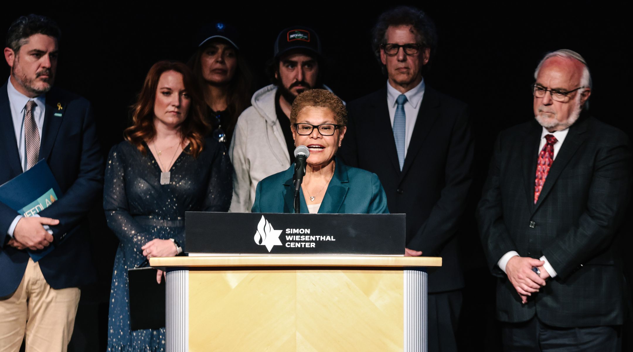 Los Angeles Mayor Karen Bass speaks during a press conference with the Jewish Federation of Los Angeles at the Museum of Tolerance in L.A., June 24, 2024. (Dania Maxwell/Los Angeles Times via Getty Images)