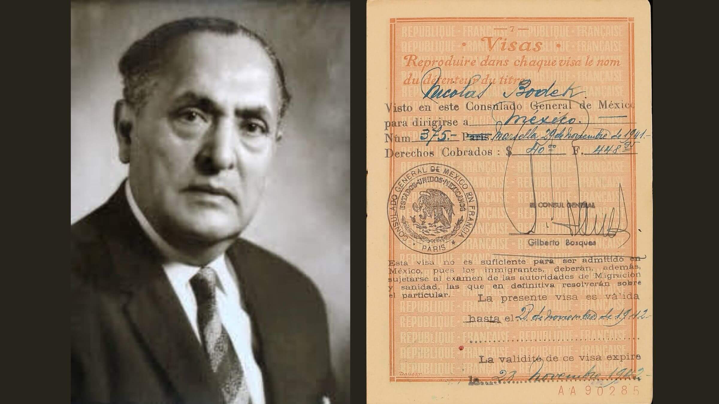 Gilberto Bosques and a visa he signed as Mexico's consul in Marseille during World War II. 