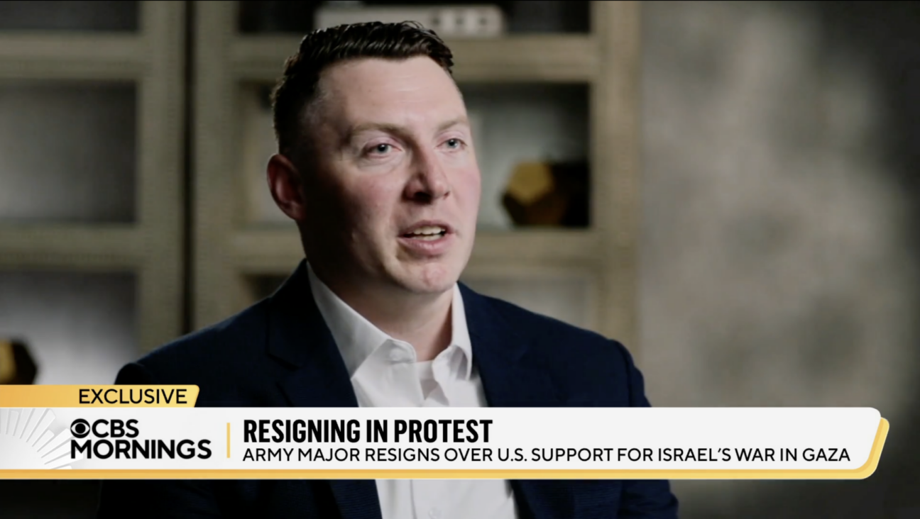 Harrison Call appeared on CBS News to discuss his resignation from the U.S. Army out of protest over Israel’s war in Gaza. (Screenshot)