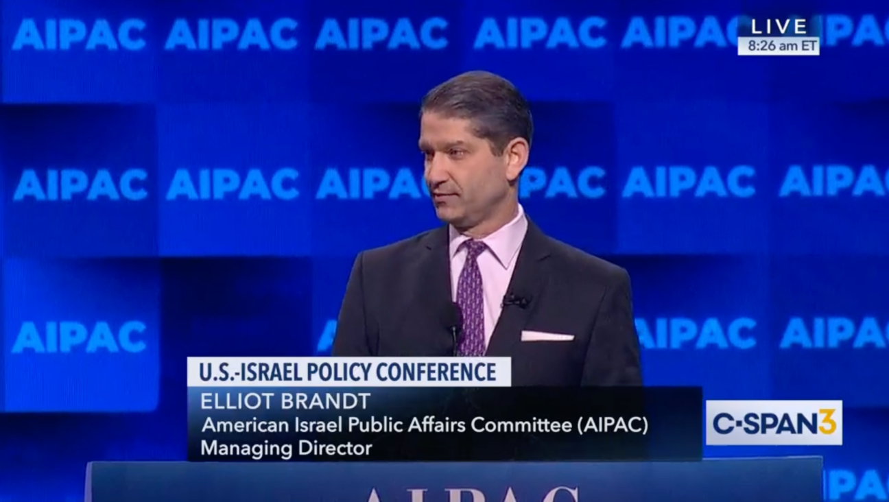 Elliot Brandt, speaking at AIPAC’s 2019 conference in Washington, D.C. (Screenshot)