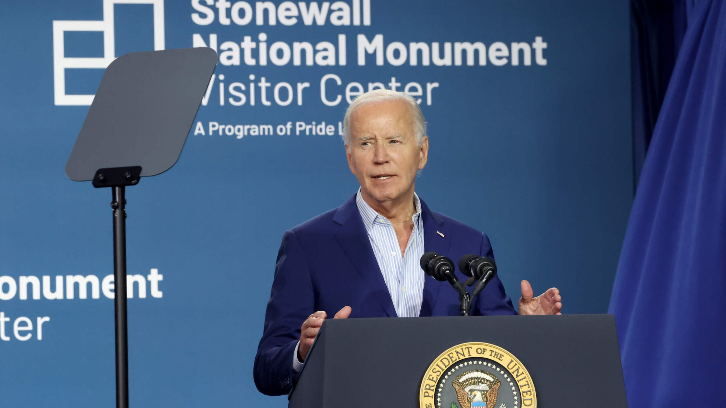 President Joe Biden speaks at the Grand Opening Ceremony for the Stonewall National Monument Visitor Center on June 28.