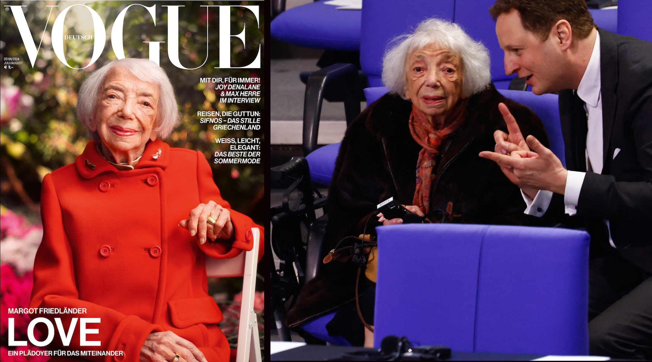 Margot Friedlander, 102, is on the cover of the July/August Vogue Germany edition. At right, she appears during an event at the Bundestag in January 2024. (Michele Tantussi/AFP via Getty Images)