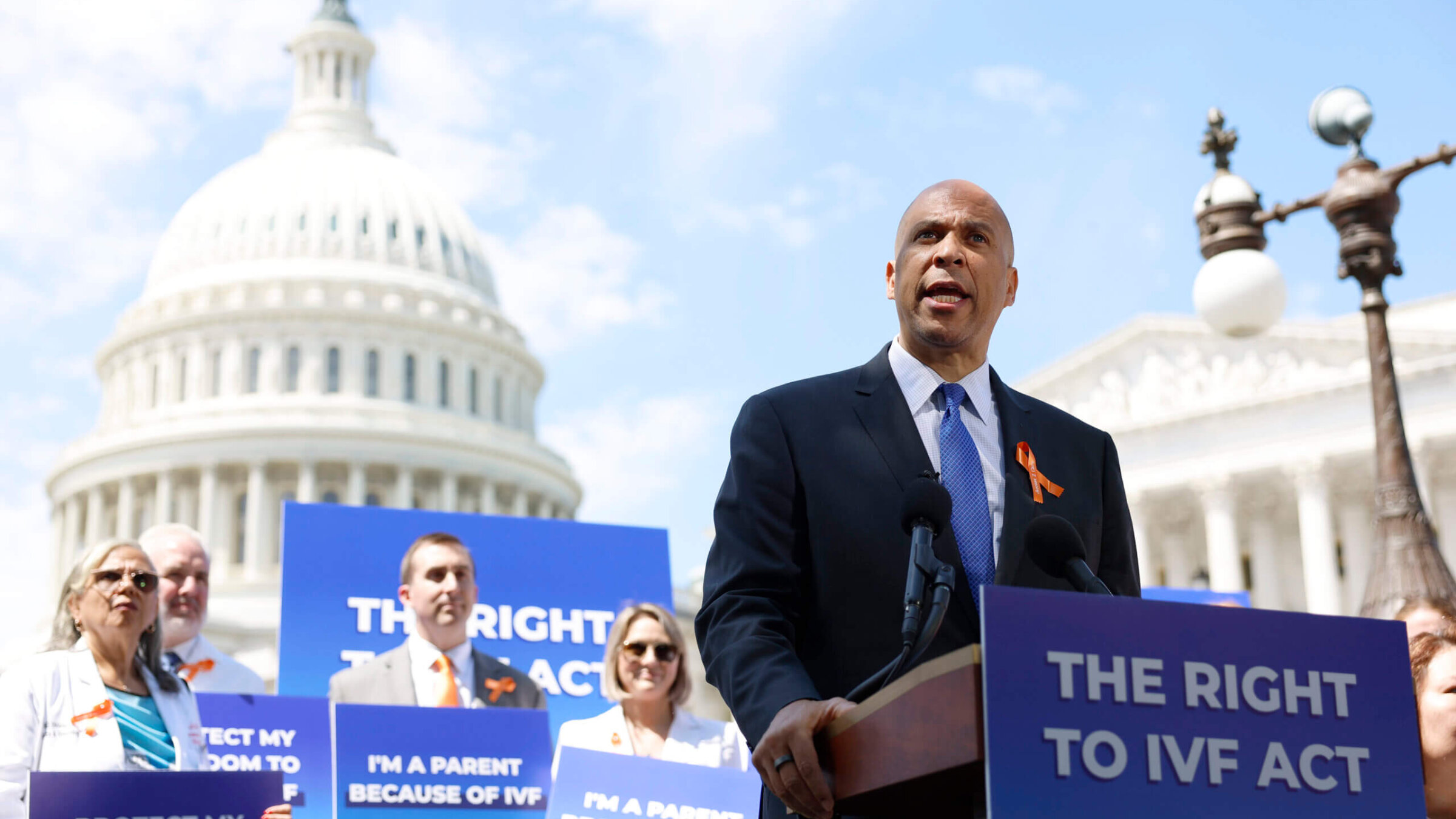 Sen. Cory Booker (D-NJ) speaks during a news conference on access to in vitro fertilization  treatments outside of the U.S. Capitol Building on June 12, 2024, in Washington, D.C. 