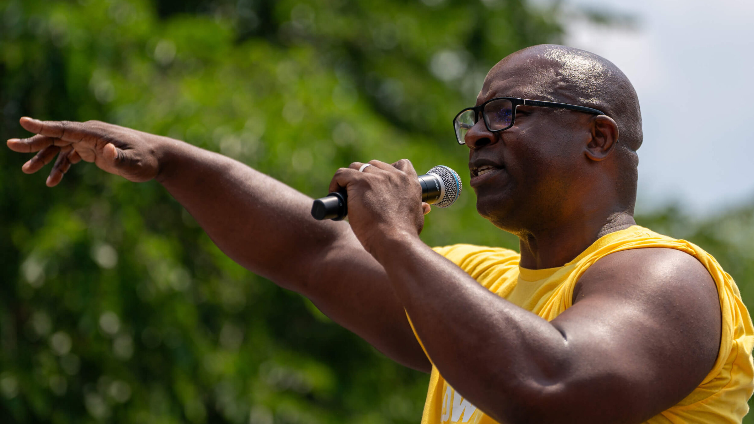 Rep. Jamaal Bowman (D-NY) speaks during a rally at St. Mary's Park in the Bronx on June 22, in the face of protests by pro-Palestinian group Within Our Lifetime. 