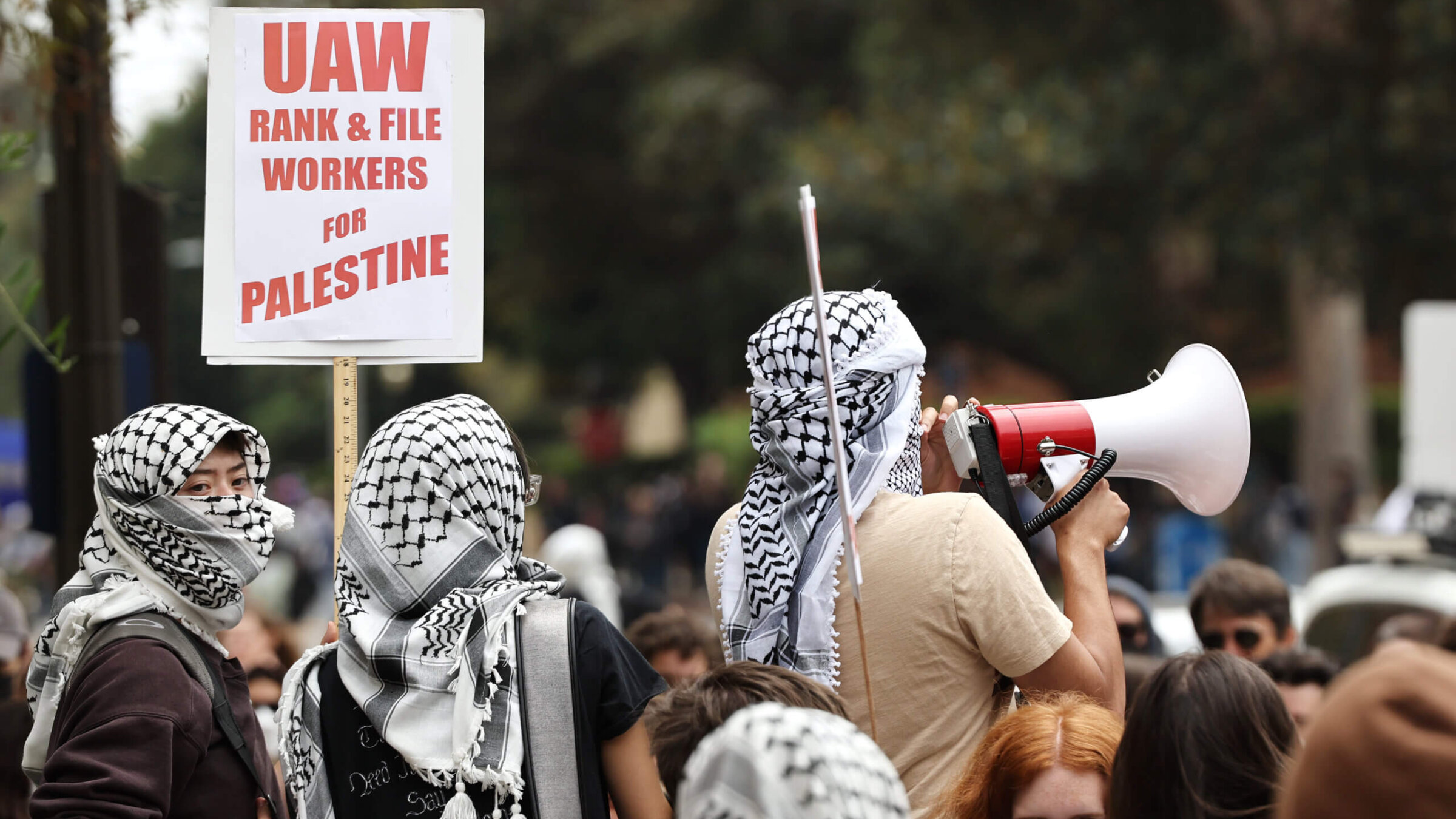 Pro-Palestinian protestors gather after police cleared a new encampment of on the University of California, Los Angeles campus on May 23, 2024.