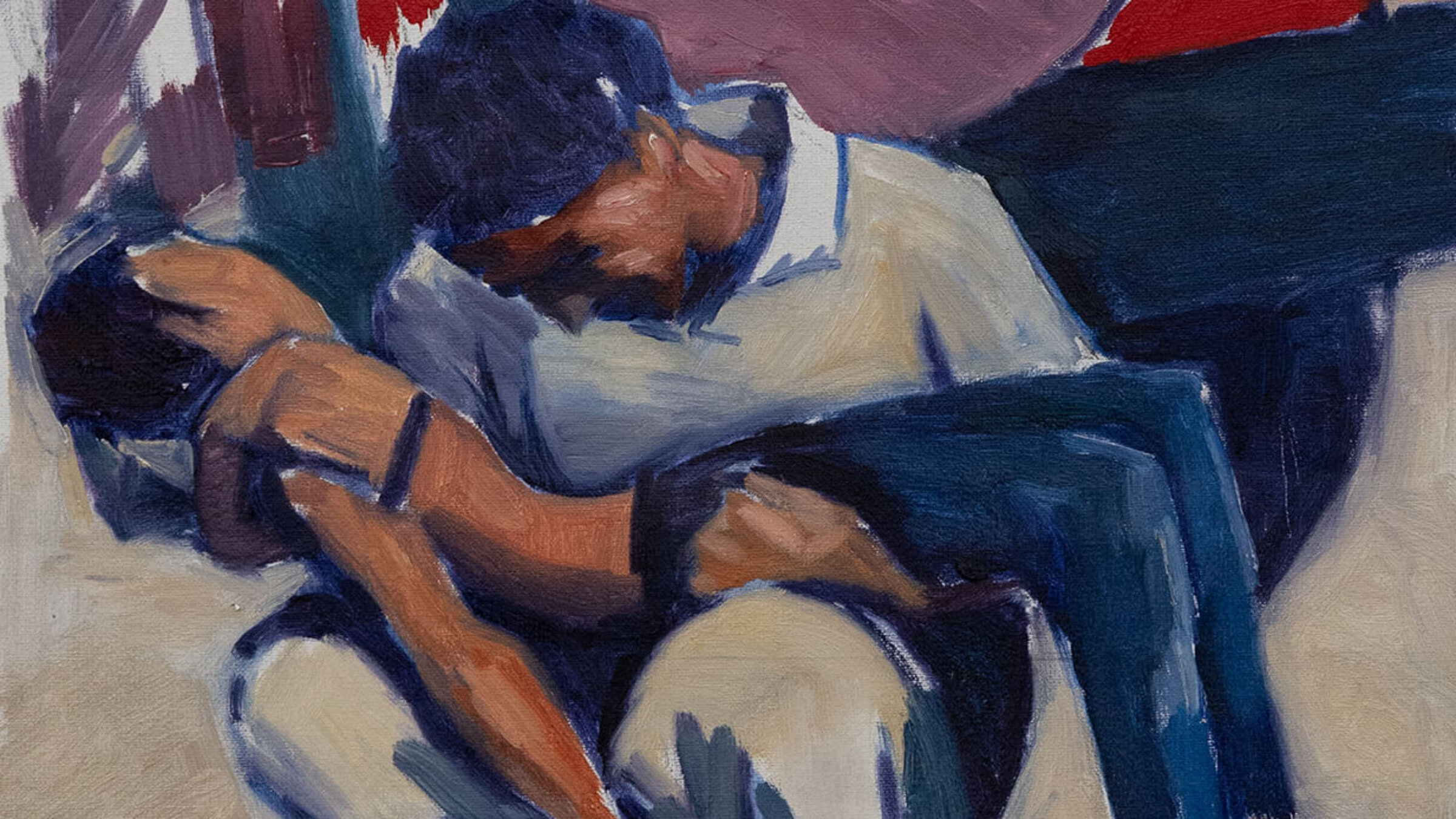 Ariel Asseo's painting of a father cradling his dead son is featured in an Israeli art exhibition about war's impact on children. He hopes it will prompt conversations about Israel's war in Gaza and policies in the occupied West Bank.