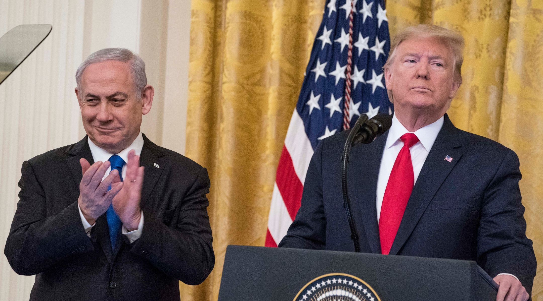 President Donald Trump and Israeli Prime Minister Benjamin Netanyahu speak during a joint statement at the White House, Jan. 28, 2020. (Sarah Silbiger/Getty Images)