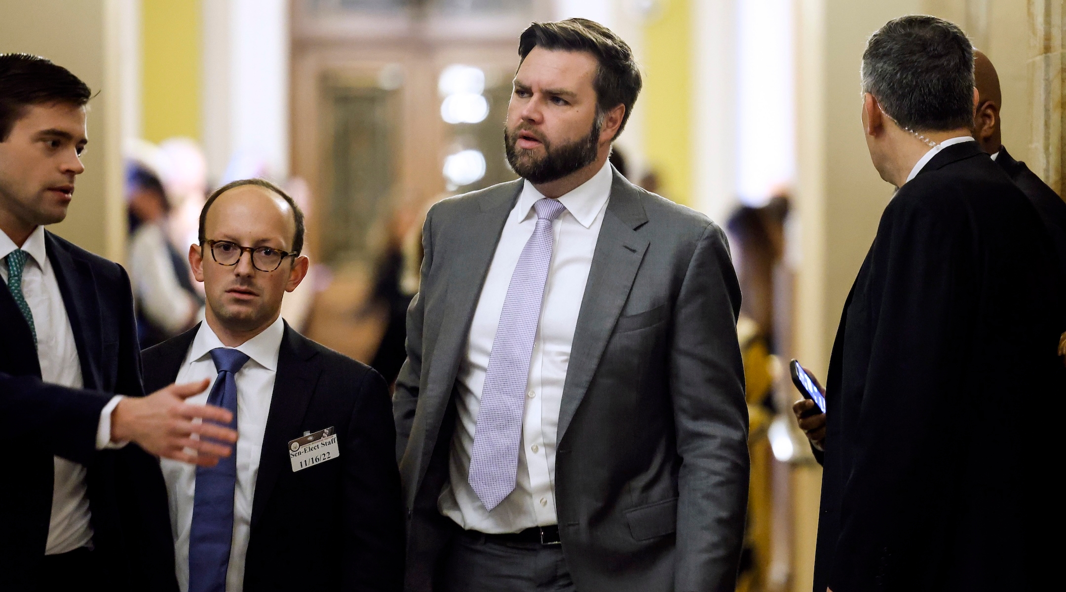 Jacob Reses, second from the left, accompanies J.D. Vance to a meeting with Senate Republicans at the U.S. Capitol in Washington, DC. on Nov. 16, 2022. (Anna Moneymaker/Getty Images)