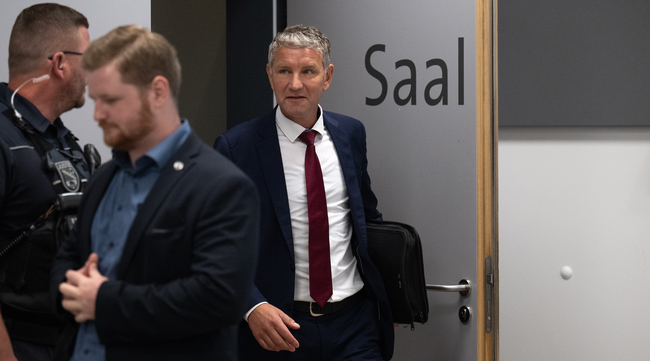 Björn Höcke, chairman of the Thuringian Alternative for Germany party, enters the courtroom in Halle/Saale, July 1, 2024. Höcke is once again on trial for using a banned Sturmabteilung (SA) slogan. In December 2023, Höcke is alleged to have uttered the first two words of the slogan “Alles für Deutschland” (Everything for Germany) as a speaker at an AfD event in Gera. (Photo by Hendrik Schmidt/picture alliance via Getty Images)