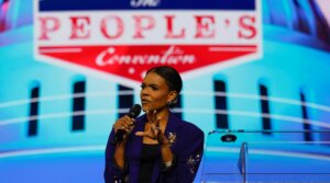 Candace Owens, conservative political commentator, speaks on stage during “Turning Point’s The Peoples Convention” on June 14, 2024 at Huntington Place in Detroit, Michigan.