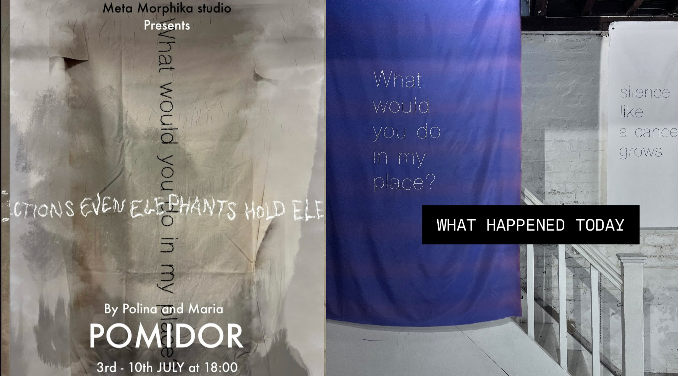 (L-r) A poster for Pomidor’s exhibit, “Even Elephants Hold Elections,” canceled by the London gallery Metamorphika on July 4, 2024, over an artist’s social media posts mourning the victims of the Oct. 7 attacks; an image shared by Pomidor of the canceled exhibit. (Screenshots via Instagram)