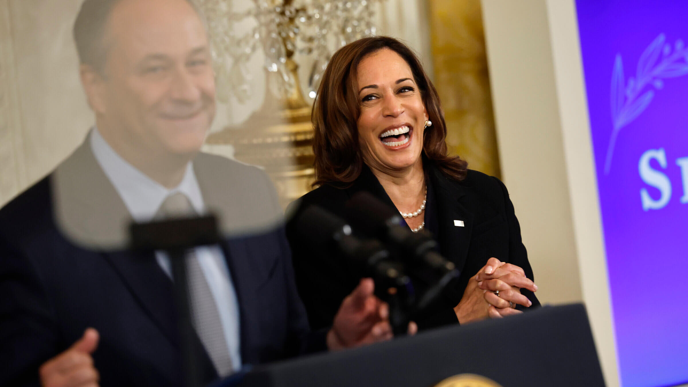 Vice President Kamala Harris with her husband, Doug Emhoff, at a Rosh Hashanah event. In contrast to President Joe Biden, Harris and Emhoff have been careful to avoid wading into controversies over antisemitism.