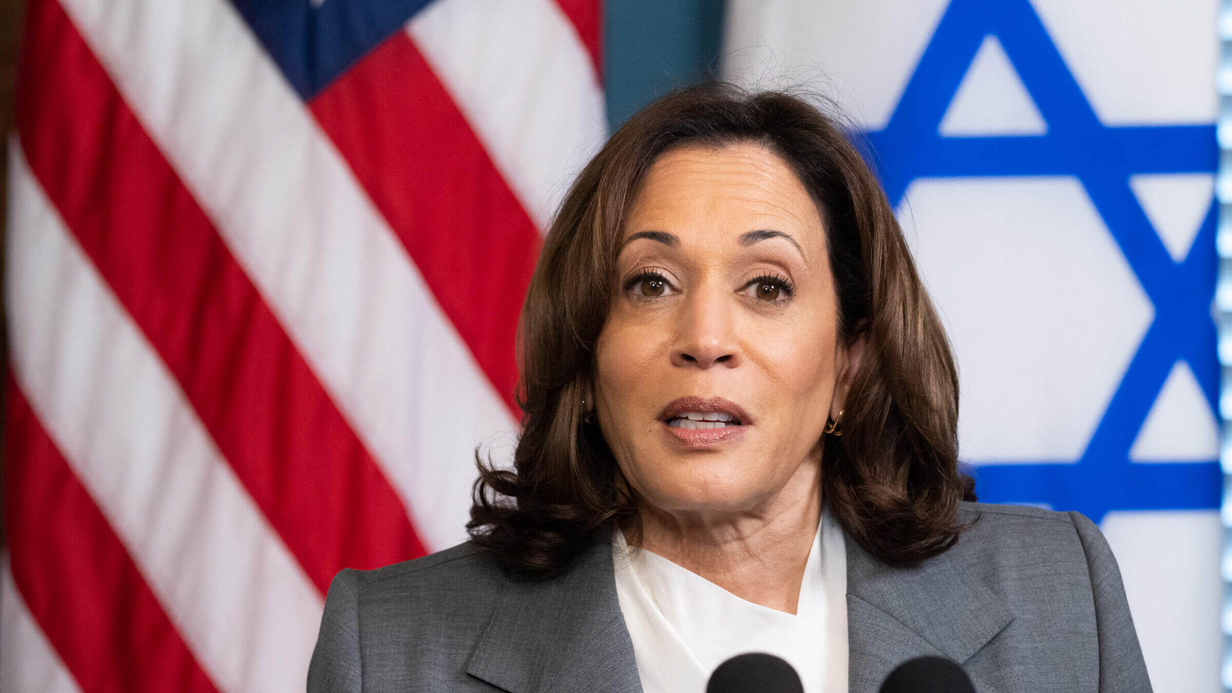 US Vice President Kamala Harris and Israeli President Isaac Herzog (out of frame) speak to the media prior to a meeting at the Eisenhower Executive Office Building in Washington, DC, July 19, 2023. (Photo by SAUL LOEB / AFP) (Photo by SAUL LOEB/AFP via Getty Images)