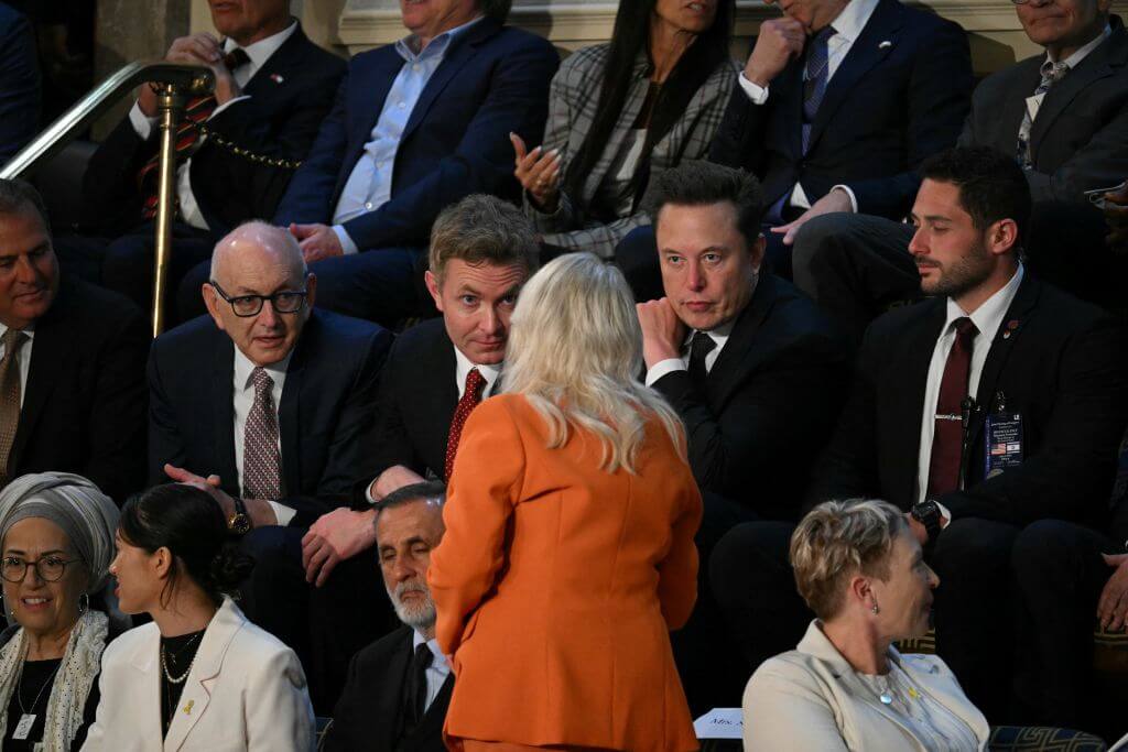 Tesla CEO Elon Musk speaks with Sara Netanyahu before her husband Israeli Prime Minister Benjamin Netanyahu addresses a joint meeting of Congress at the US Capitol on July 24, 2024, in Washington, DC.