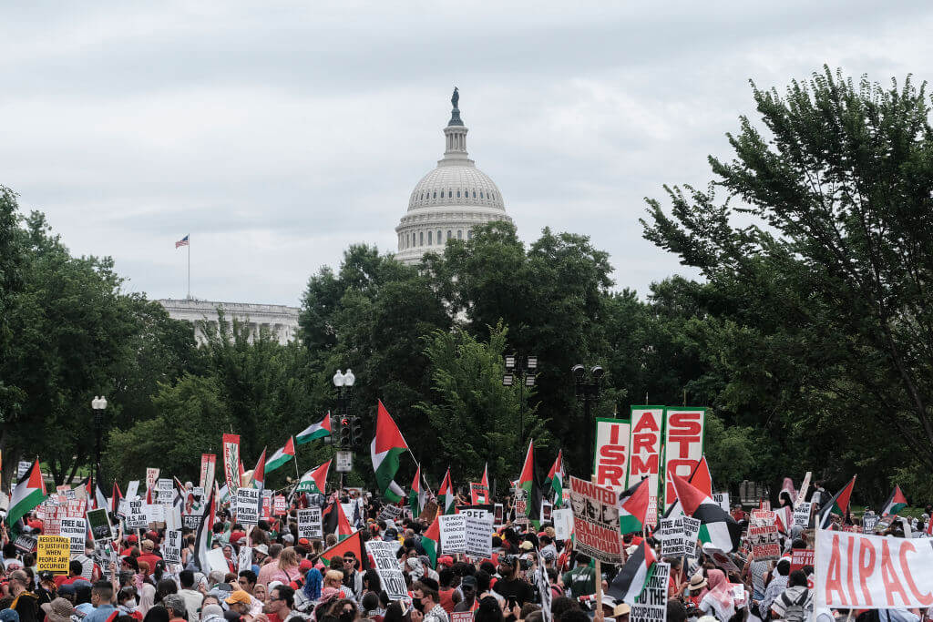 Protestors demonstrate on Capitol Hill on July 24, in Washington, DC, the same day that Israeli Prime Minister Benjamin Netanyahu addressed a joint session of Congress.