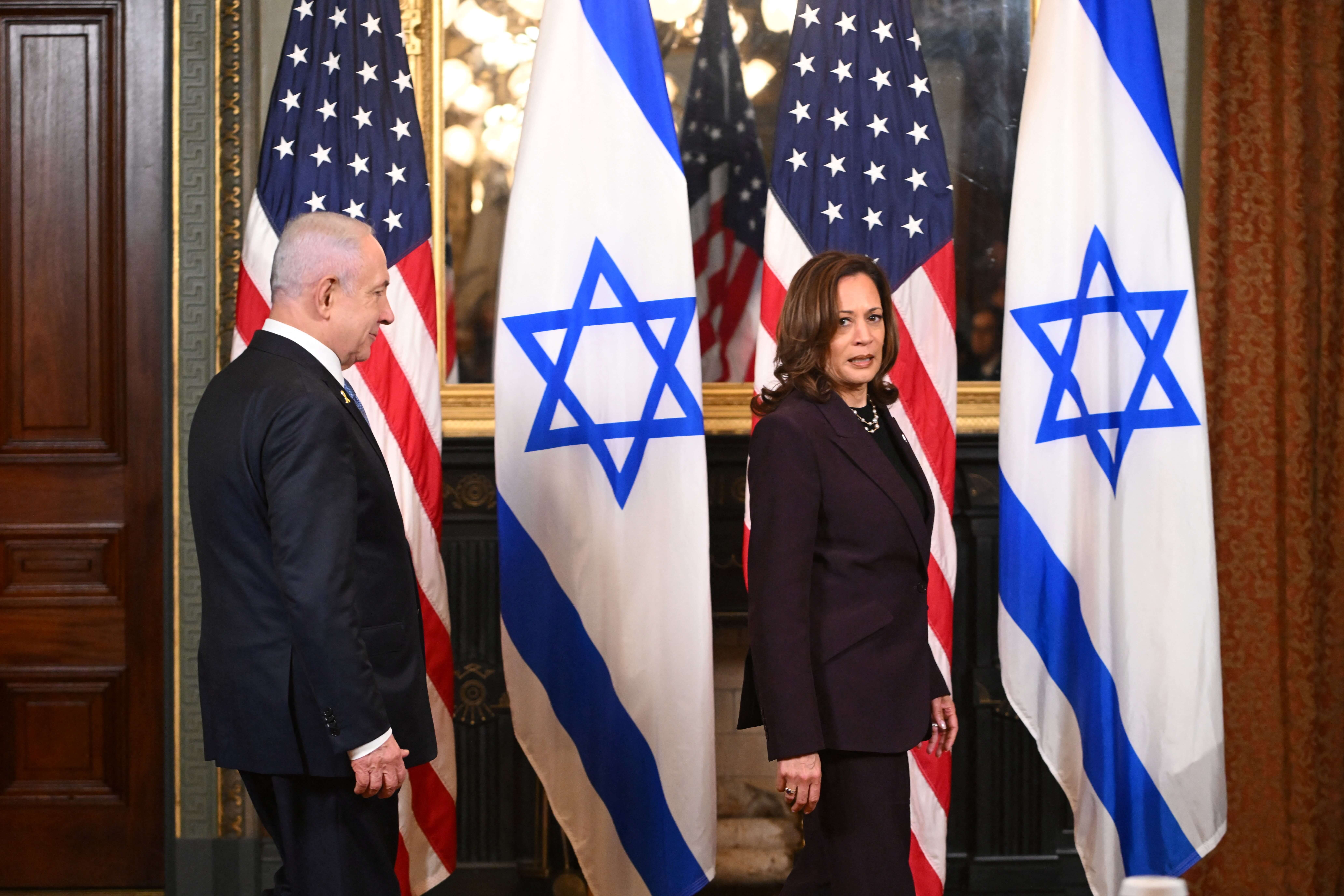Vice President Kamala Harris and Israeli Prime Minister Benjamin Netanyahu arrive for a meeting in the Vice President's ceremonial office on July 25, 2024. 