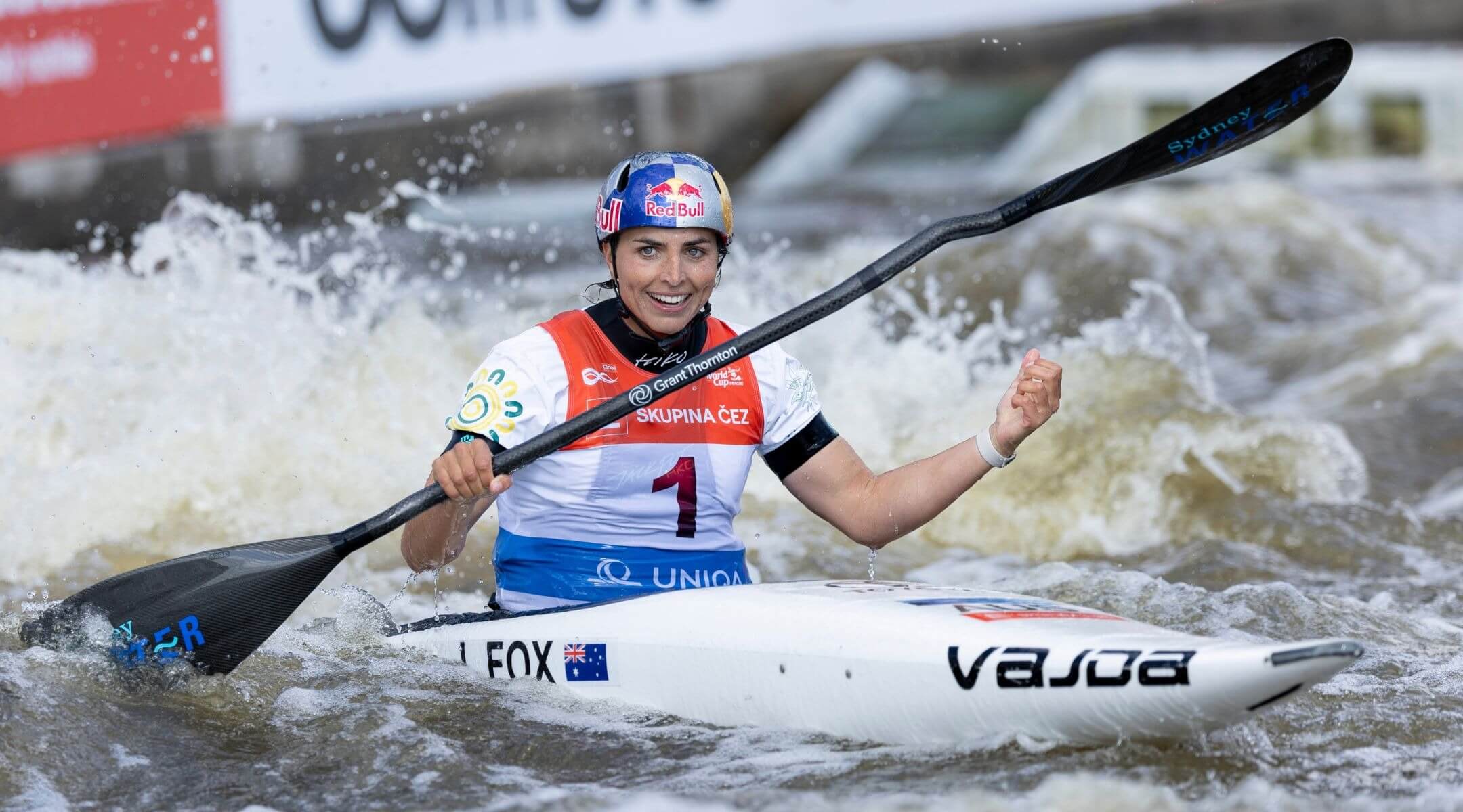 Jessica Fox competes in the women's kayak final during the 2024 ICF Canoe Slalom World Cup, June 7, 2024, in Prague. 