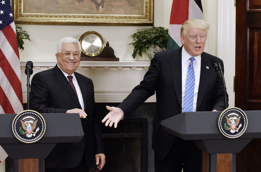 President Donald Trump giving a joint statement with Palestinian Authority President Mahmoud Abbas in the Roosevelt Room of the White House, May 3, 2017. (Olivier Douliery-Pool/Getty Images)