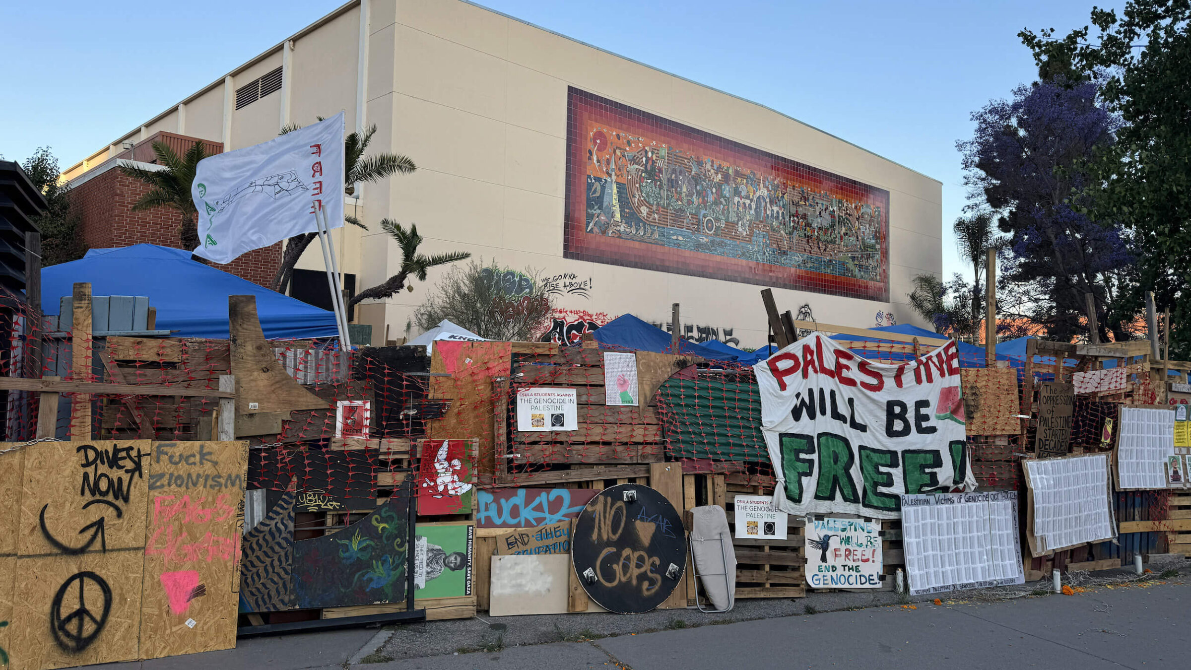 A-pro-Palestinian protestor encampment at Cal State LA, pictured in June. 