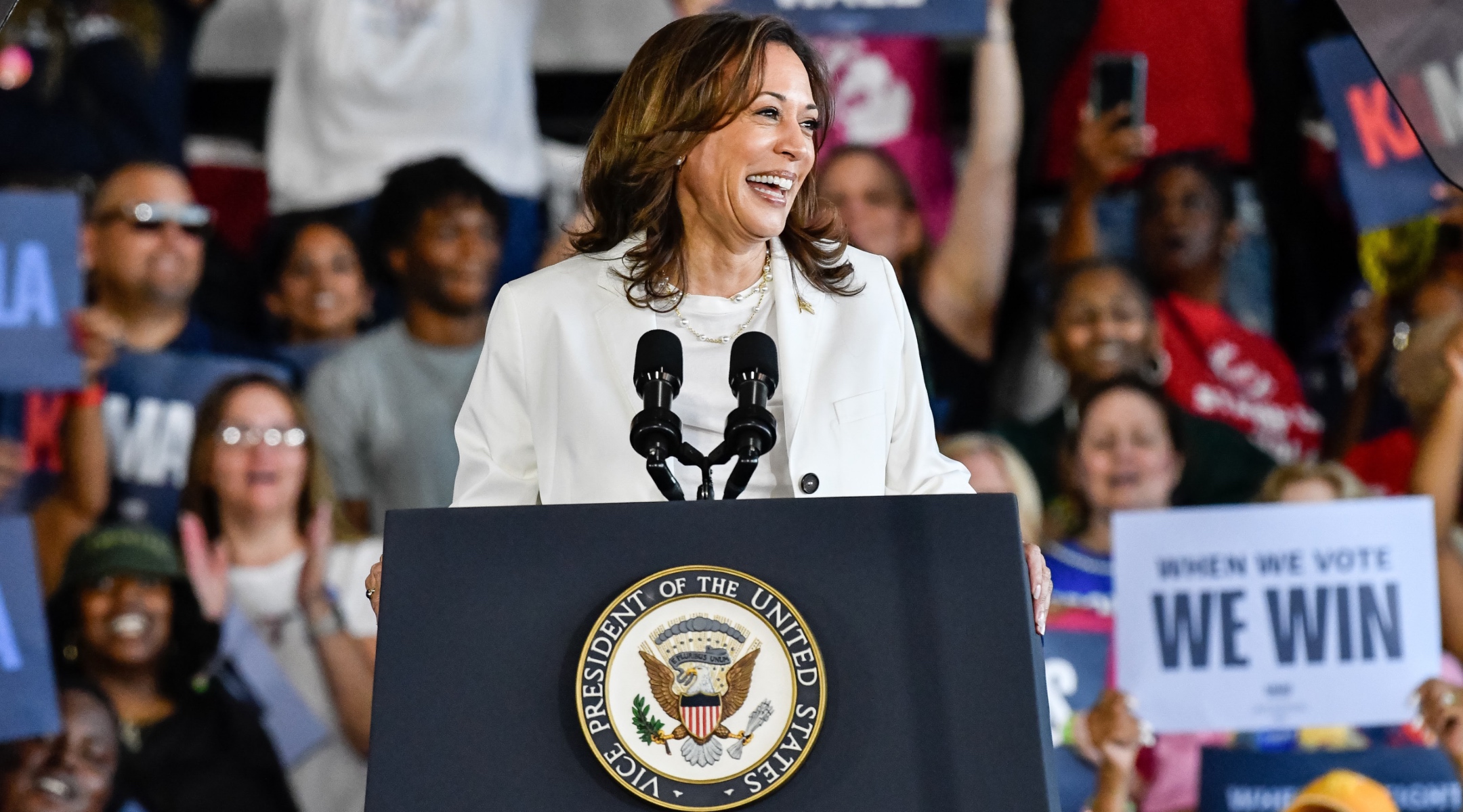 Current Vice President and 2024 Democratic Presidential nominee Kamala Harris speaks to several thousand attendees at her presidential campaign rally at Detroit Metropolitan Wayne County Airport, Romulus, Michigan, Aug. 7, 2024. (Adam J. Dewey/Anadolu via Getty Images)