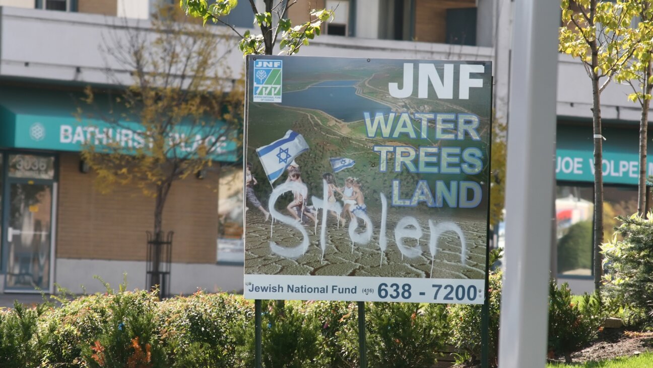 Sign for the Jewish National Fund defaced to protest the Israel activity in Gaza, in Toronto, Canada, on Oct. 9, 2008. (Creative Touch Imaging Ltd./NurPhoto)