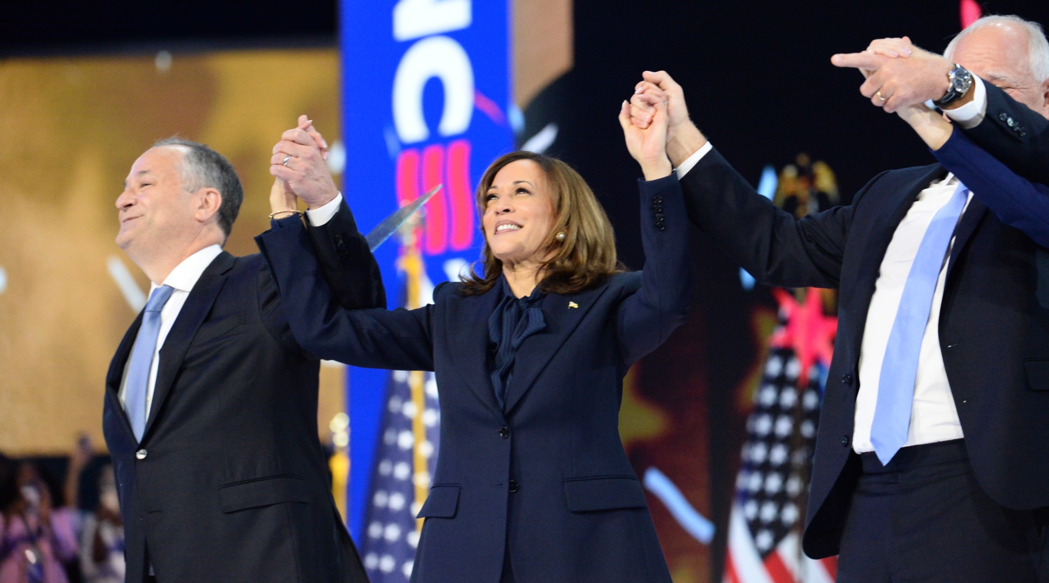 U.S. Vice President Kamala Harris, U.S. Second Gentleman Doug Emhoff, Tim Walz, governor of Minnesota and Democratic vice-presidential nominee, and his wife Gwen Walz during the Democratic National Convention at the United Center. Chicago, August 22, 2024. (Jacek Boczarski/Anadolu via Getty Images)