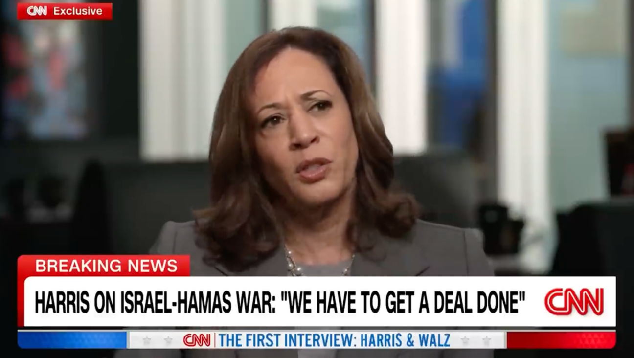 Appearing on CNN for a sit-down interview, Kamala Harris answered Dana Bash’s questions about the Israel-Hamas war, Aug. 29, 2024. (Screenshot from CNN)