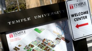 A sign for Temple University's welcome center. 