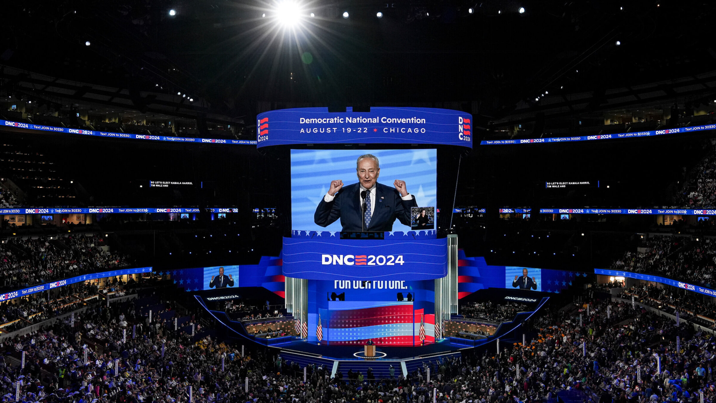 Sen. Chuck Schumer speaks during the Democratic National Convention at the United Center in Chicago. 