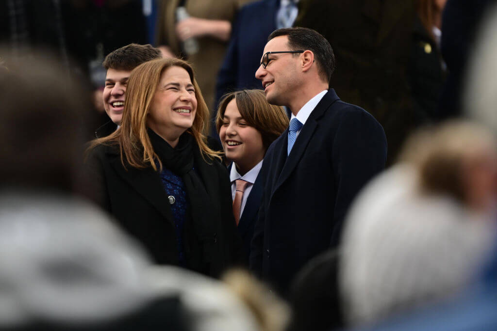 Josh Shapiro laughs with his wife Lori Shapiro and family at his swearing in as governor of Pennsylvania on January 17, 2023 in Harrisburg.
