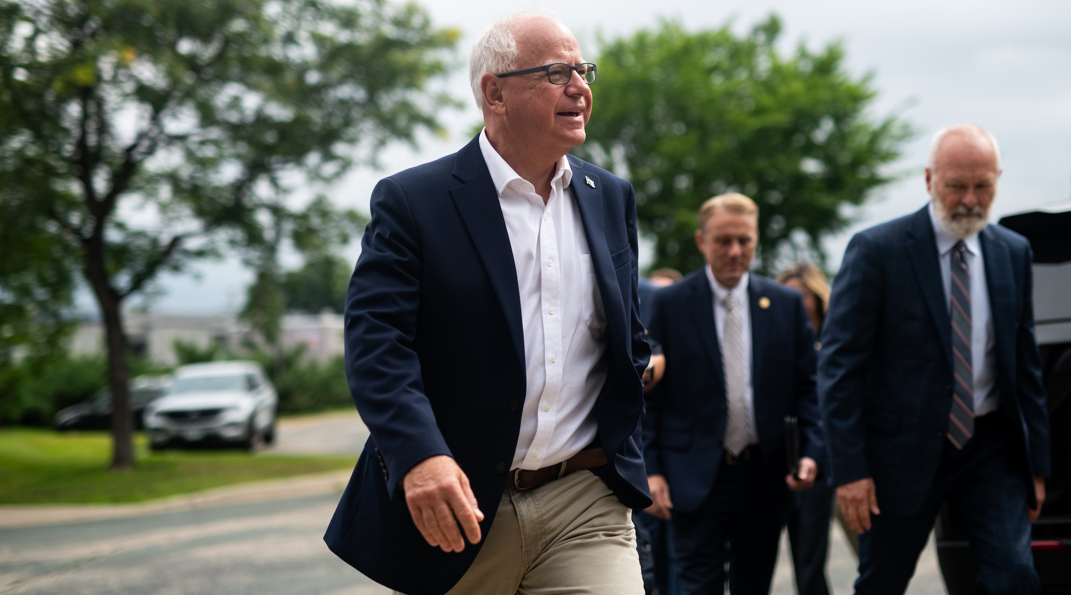 BLOOMINGTON, MINNESOTA – AUGUST 1: Minnesota Governor Tim Walz arrives to speak at a press conference regarding new gun legislation at City Hall on August 1, 2024 in Bloomington, Minnesota. Walz is thought to be on a short list of potential vice presidential running mates for Democratic presidential candidate Vice President Kamala Harris. (Photo by Stephen Maturen/Getty Images)