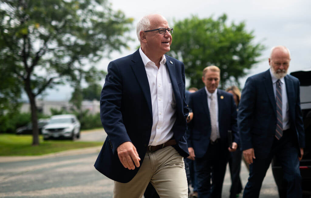 Minnesota Governor Tim Walz arrives to speak at a press conference regarding new gun legislation at City Hall on August 1, in Bloomington, Minnesota.