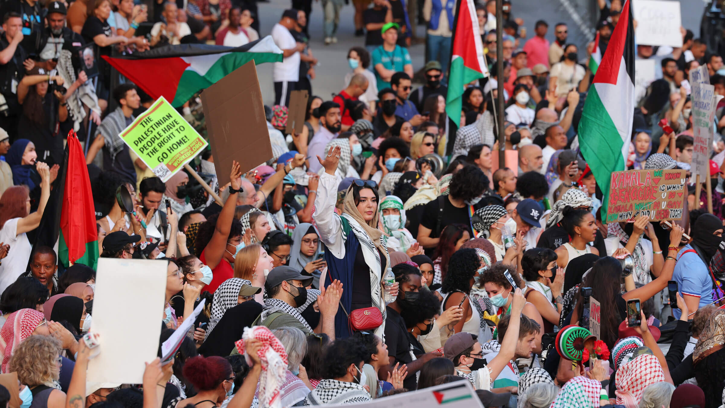 People gather in New York City on August 14 to protest a campaign rally of Democratic presidential candidate and U.S. Vice President Kamala Harris.