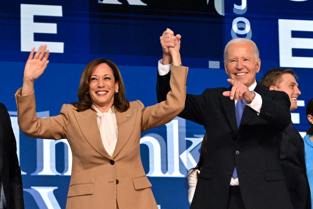 President Joe Biden and Vice President Kamala Harris after Biden delivered the keynote address on the first day of the Democratic National Convention in Chicago on August 19.