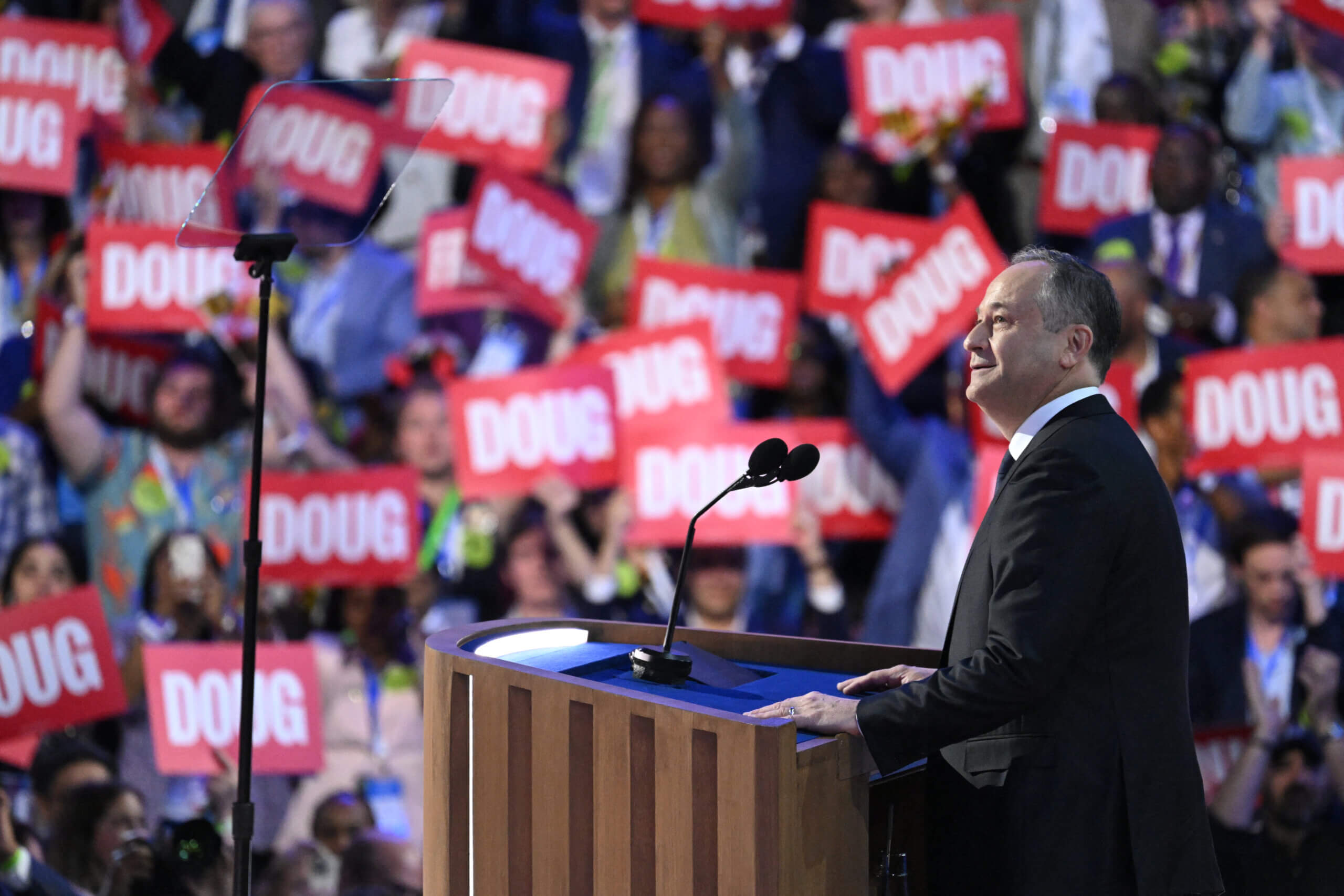 Second Gentleman Douglas Emhoff speaks on the second day of the Democratic National Convention in Chicago on Aug. 20, 2024. 