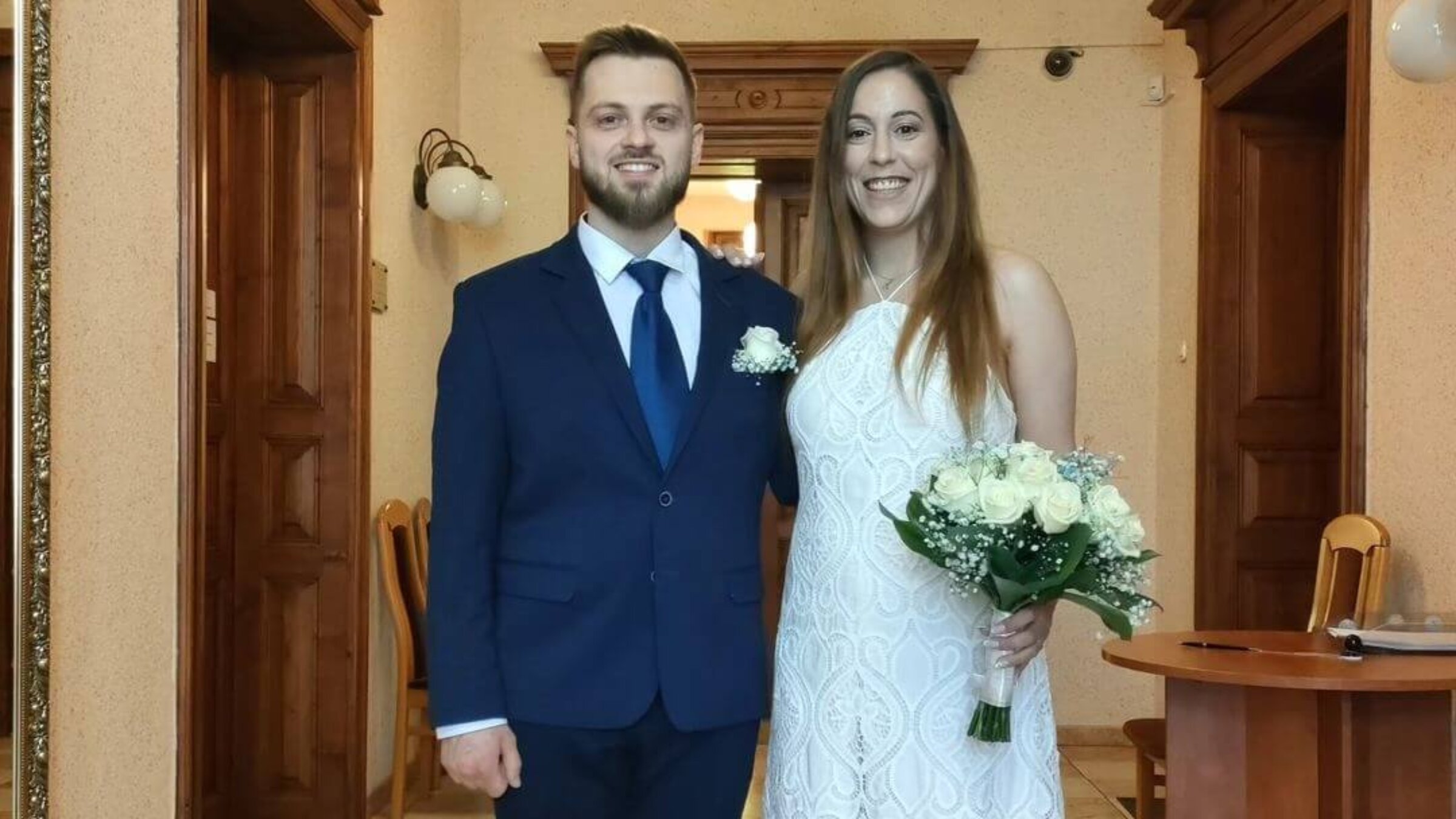 Kamil Gut and Hila Weisz celebrate their wedding at the Oswiecim town hall.