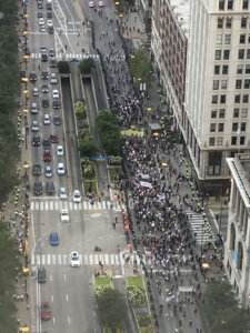 Marchers head south along Michigan Avenue in Chicago.