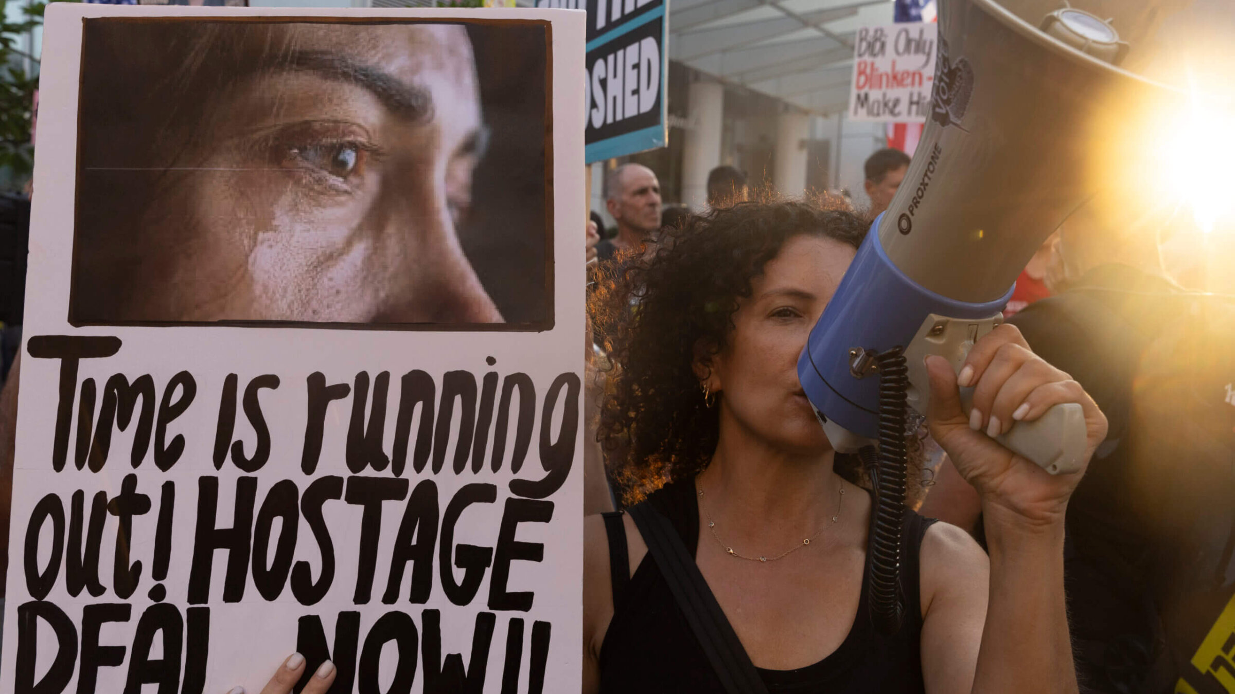 Families of hostages and supporters demonstrate outside a press event by U.S. secretary of state Antony Blinken Aug. 19 in Tel Aviv. The IDF retrieved today six more bodies of hostages killed in Gaza.