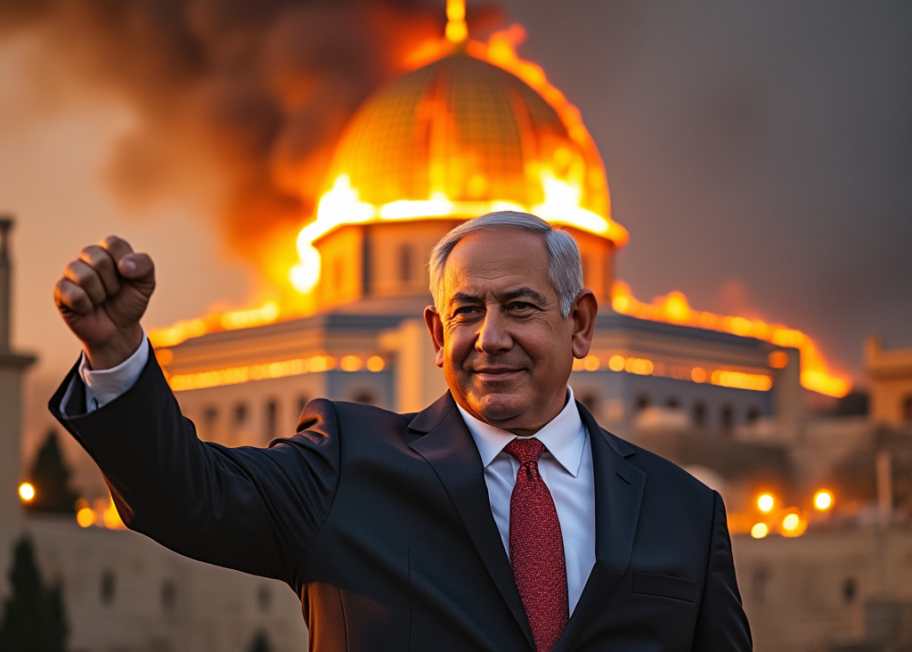 This, to be clear, is fake. Benjamin Netanyahu has never set the Dome of the Rock on fire.