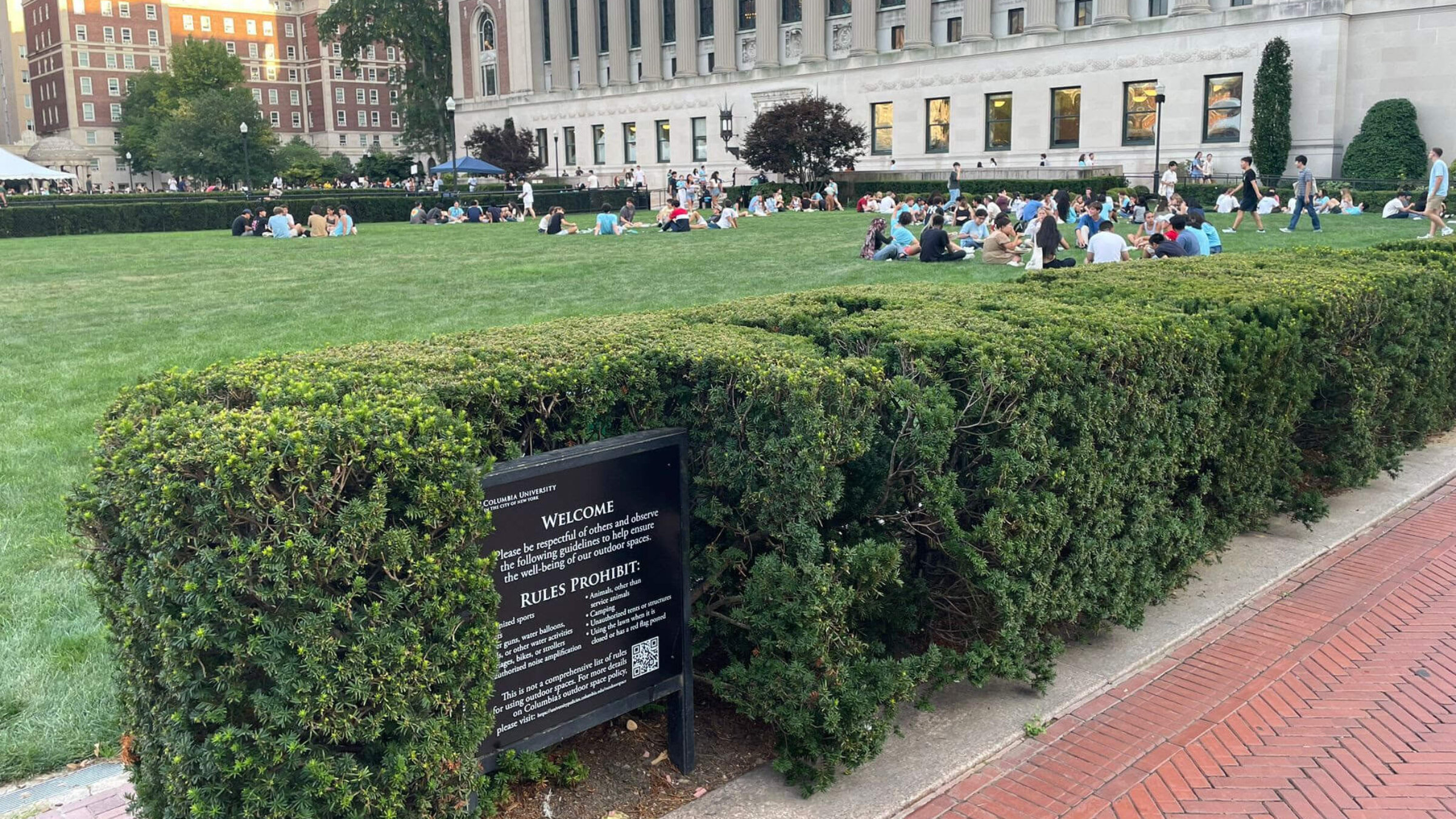 At Columbia, the heart of last spring’s encampment movement, the green that was filled with tents was calm this week, with a new sign showing rules including “no camping.” 