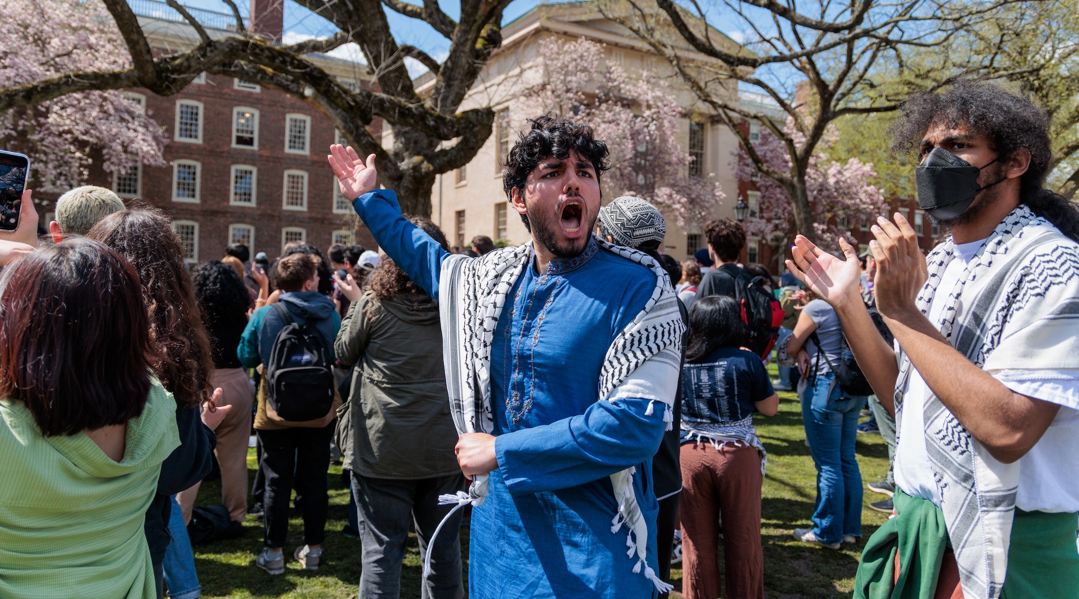 Brown University students set up a pro-Palestinian encampment on the main green in the College Green, Providence, Rhode Island, April 24, 2024. (Anibal Martel/Anadolu via Getty Images)