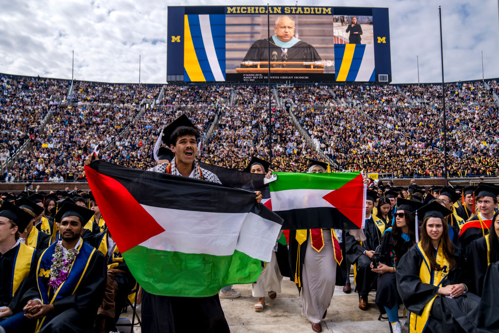 A pro-Palestinian student at the University of Michigan's commencement on May 04, 2024.