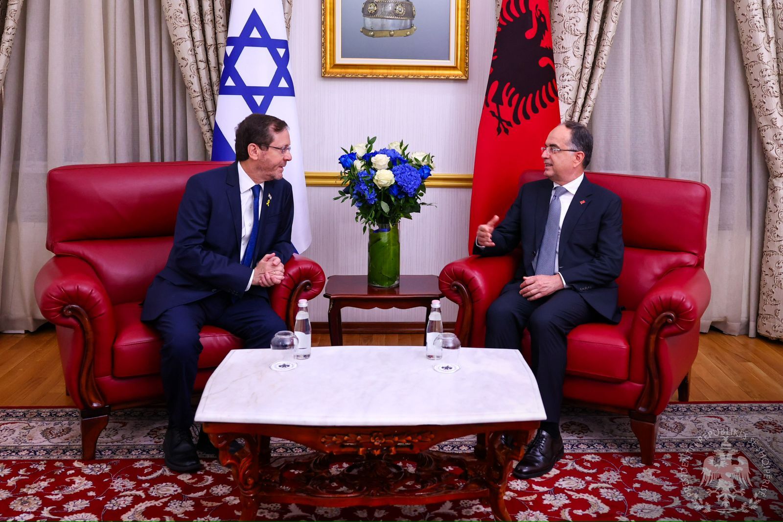 Albanian President Bajram Begaj meets Israeli President Isaac Herzog in Tirana, Albania, Sept. 12.