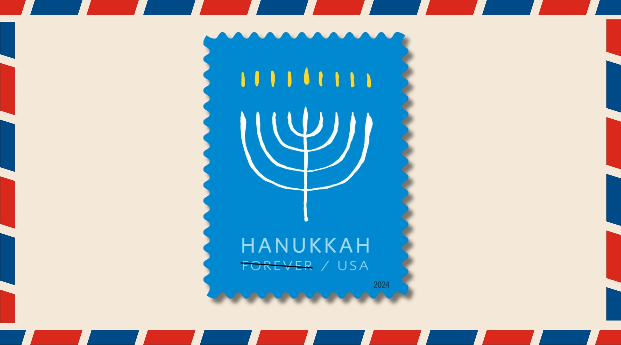 This year’s new Hanukkah stamp was designed by Jewish artist and USPS art director Antonio Alcalá. (Courtesy of USPS. Design by Jackie Hajdenberg)