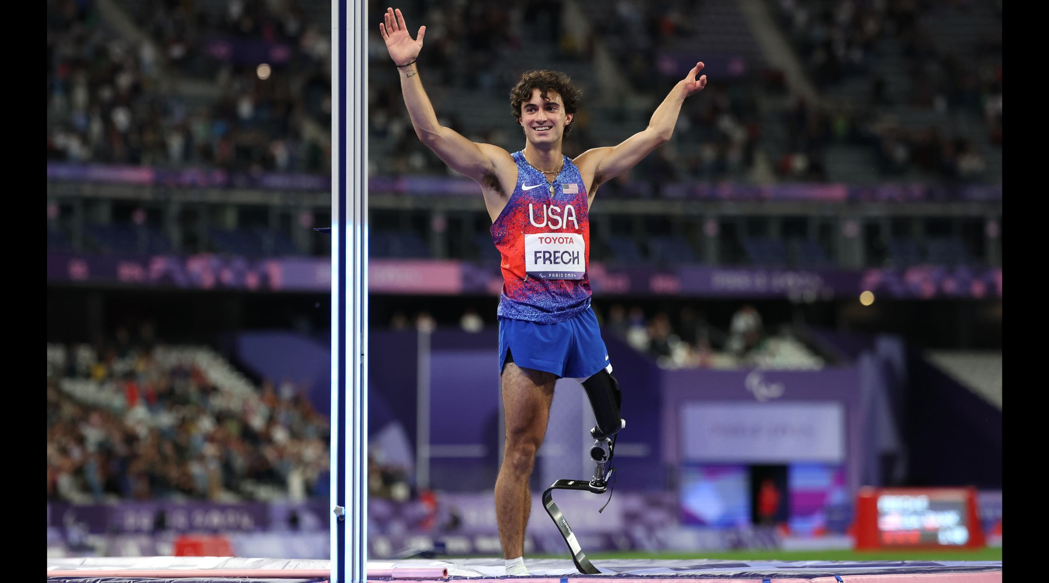 Ezra Frech celebrates after the men’s high jump T63 at the Paris 2024 Summer Paralympic Games, Sept. 3, 2024, in Paris. (Ezra Shaw/Getty Images)