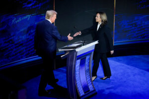 Vice President Kamala Harris and former President Donald Trump shake hands before the presidential debate.