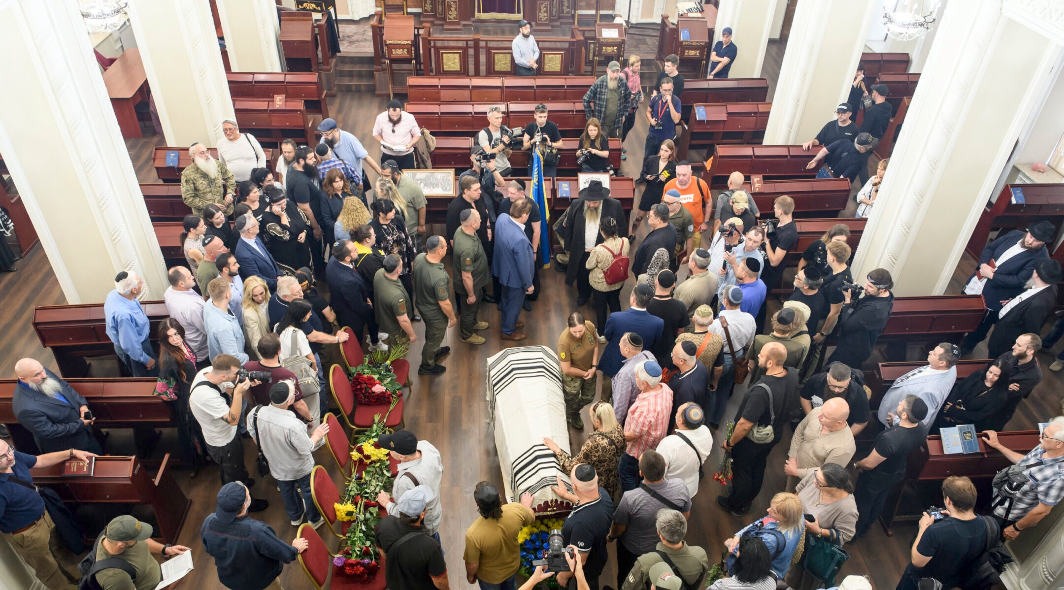 Ukrainian Jews, relatives, and friends attend the funeral for the late Ukrainian serviceman Anton (Matisyahu) Samborskyi at the Central Synagogue in Kyiv, Ukraine, Sept. 12, 2024. (Maxym Marusenko/NurPhoto via Getty Images)