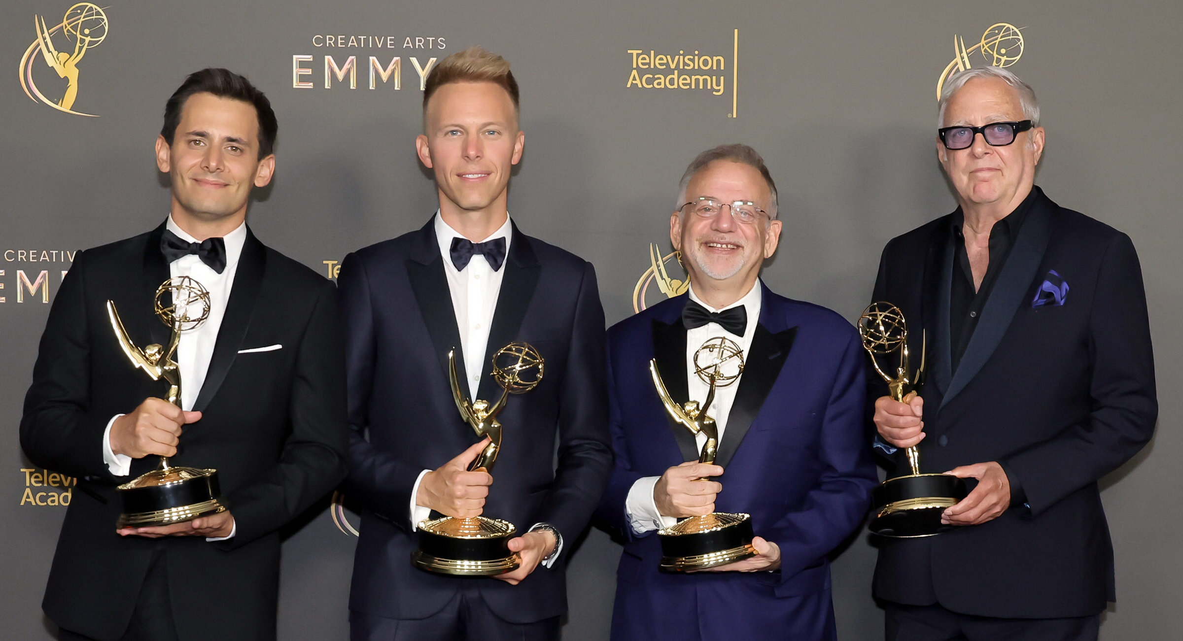 Benj Pasek, Justin Paul, Marc Shaiman and Scott Wittman, winners of the Emmy Award for Outstanding Original Music and Lyrics for Only Murders in the Building, attend the 76th Creative Arts Emmys Winner’s Walk at Peacock Theater in Los Angeles, Sept. 8, 2024. (Kevin Winter/Getty Images)