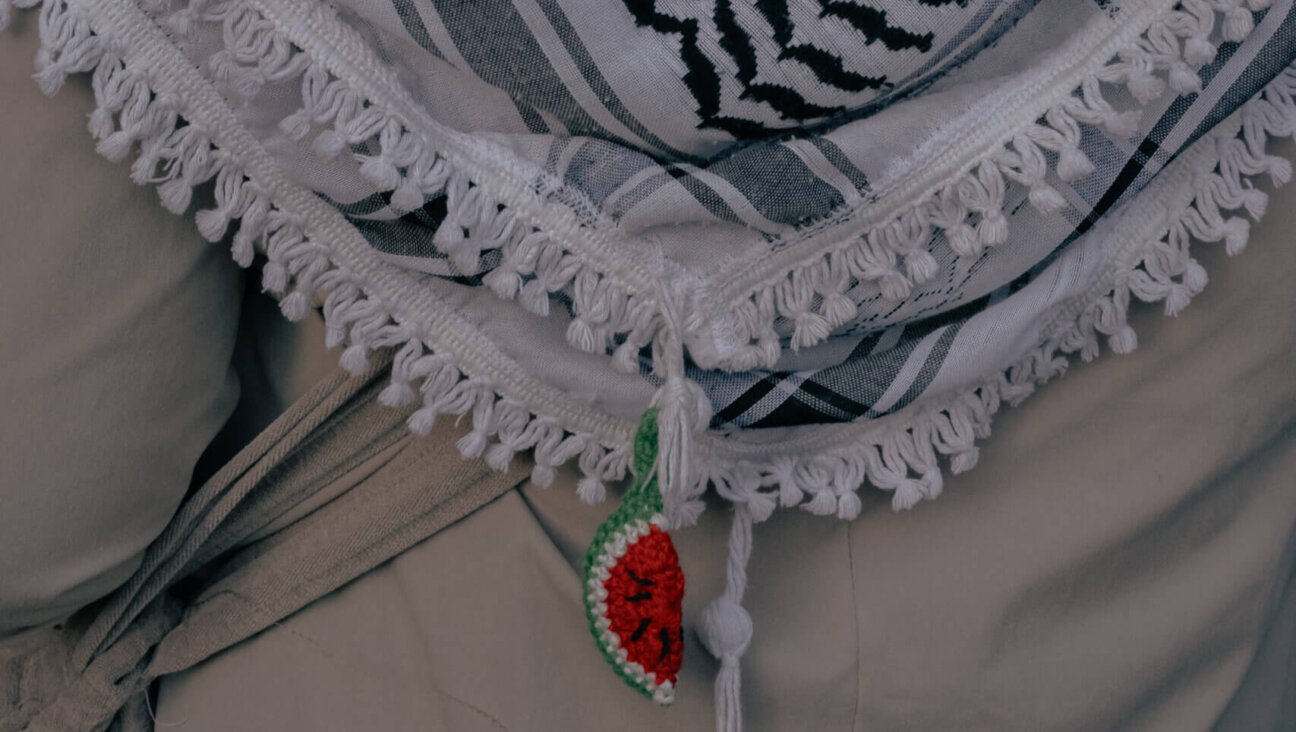 A crocheted watermelon hung from a Palestinian keffiyeh seen at a demonstration in solidarity with Palestine.